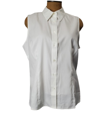 White sleeveless shirt on a mannequin against a white background