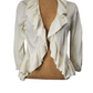 beige ruffled cardigan on a mannequin with a white background