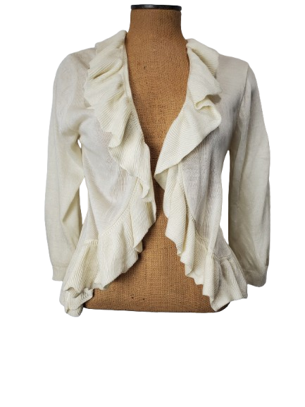 beige ruffled cardigan on a mannequin with a white background