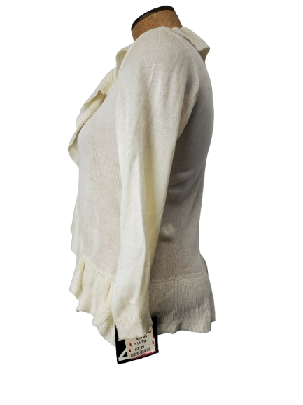 beige cardigan on a mannequin with a visible tag against a white background