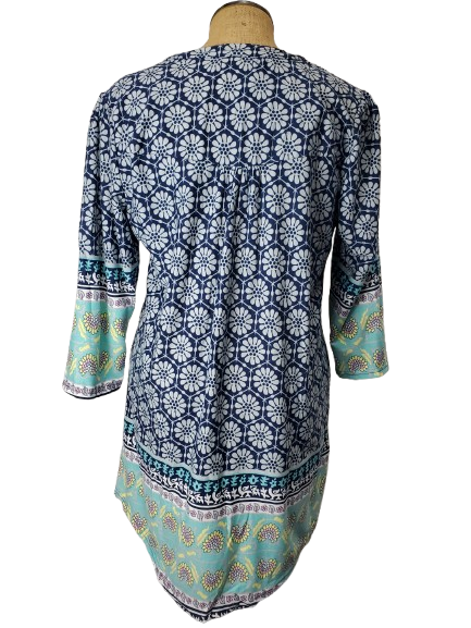 Blue and white patterned kurta on a mannequin with a white background