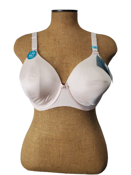 champagne  bra on a mannequin with visible tags against a white background