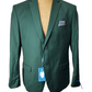 Green suit jacket on a mannequin with a visible tag against a white background