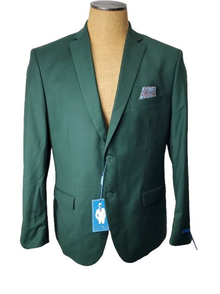 Green suit jacket on a mannequin with a visible tag against a white background