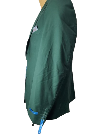 Green jacket with blue accents on a white background