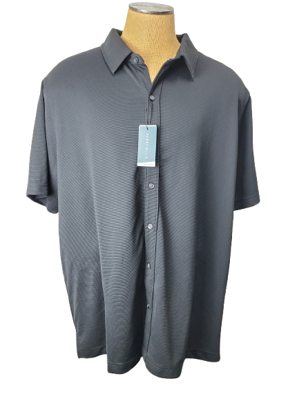 black short-sleeve shirt on a mannequin with a tag against a white background