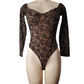 Black lace long-sleeve bodysuit on a mannequin against a white background