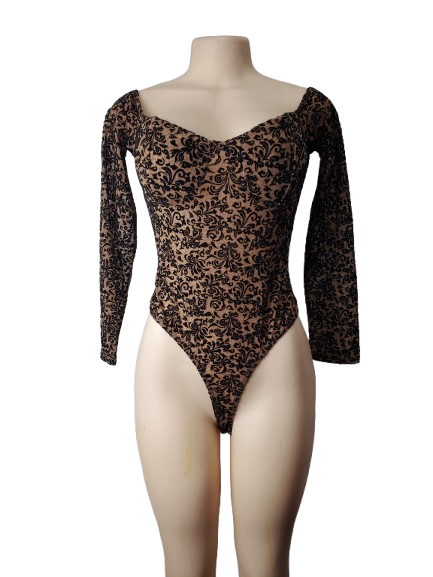 Black lace long-sleeve bodysuit on a mannequin against a white background