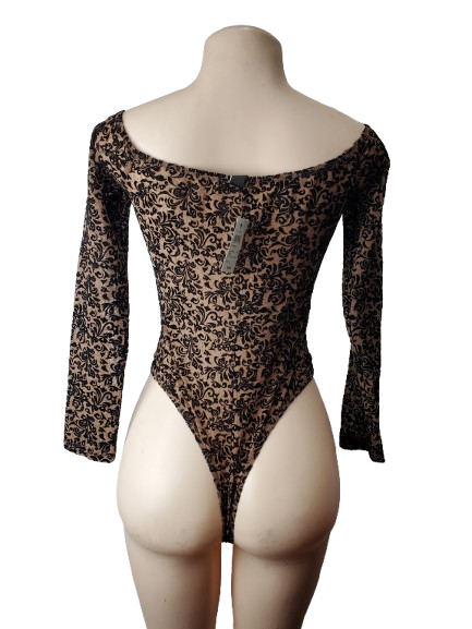 Black lace bodysuit on a mannequin against a white background