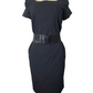 Black dress with a belt on a mannequin against a white background