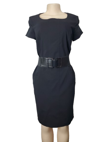 Black dress with a belt on a mannequin against a white background