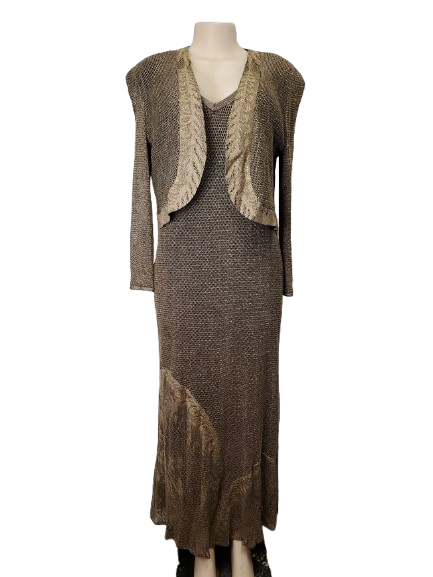 Knitted dress with matching cardigan on a mannequin against a white background