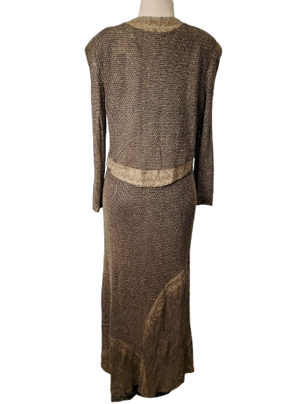 Brown textured dress with ruffled hem on a white background