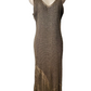 Brown patterned dress on a mannequin against a white background