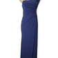 Navy blue one-shoulder dress with embellishments on a mannequin against a white background