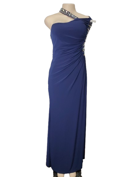 Navy blue one-shoulder dress with embellishments on a mannequin against a white background