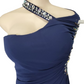 Navy blue one-shoulder dress with embellishments on a mannequin against a white background