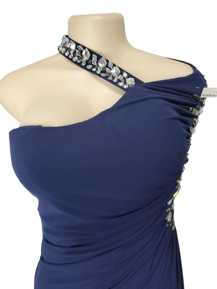 Navy blue one-shoulder dress with embellishments on a mannequin against a white background