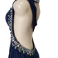 Navy blue evening gown with intricate beadwork on a mannequin against a white background