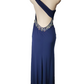 Navy blue evening gown with embellishments on a white background