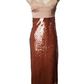 Mannequin wearing a beige top and brown sequin skirt on a white background