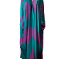 Teal dress with pink floral patterns on a mannequin against a white background