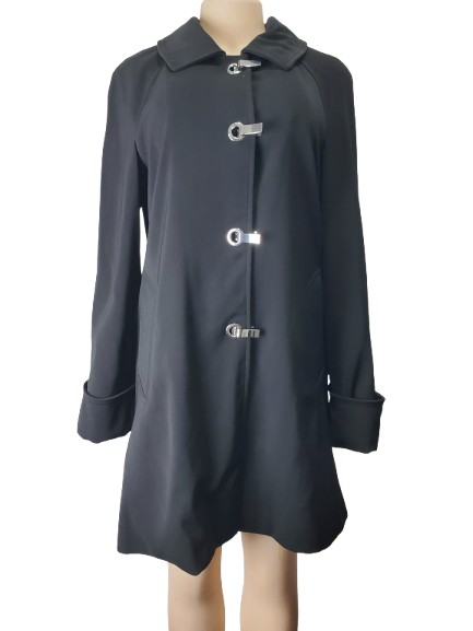 Black coat with silver buttons on a mannequin against a white background