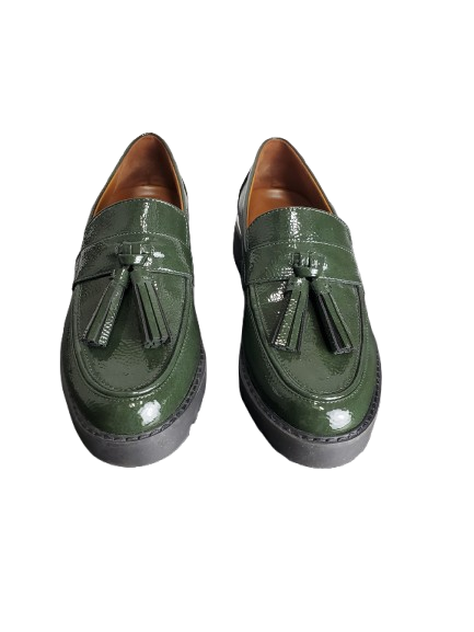 Pair of green loafers with tassels on a white background