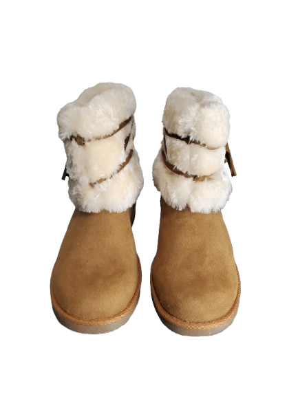 Pair of tan boots with white fur trim on a white background