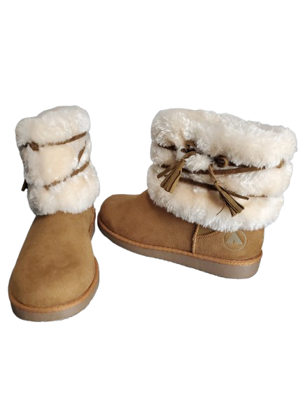 Pair of tan boots with white fur trim on a white background