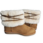 Pair of brown boots with white fur lining on a white background