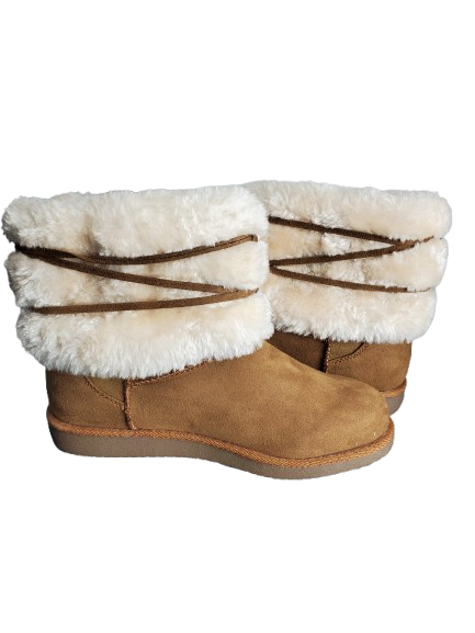 Pair of brown boots with white fur lining on a white background