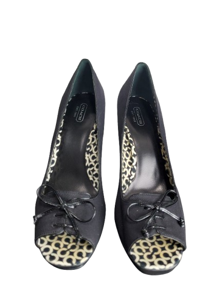 Black high-heeled shoes with leopard print soles on a white background