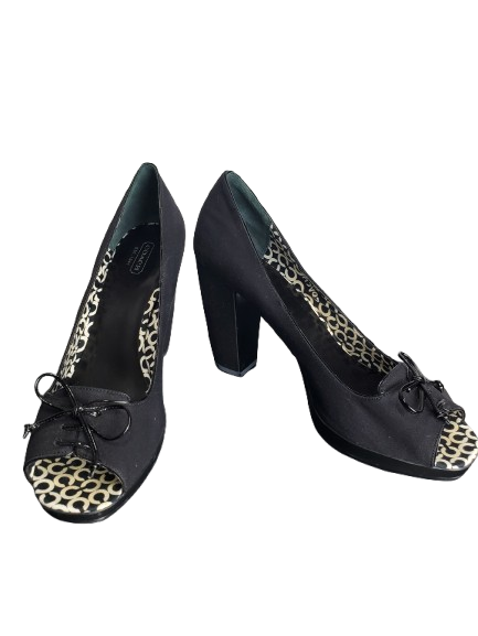 Black high-heeled shoes with gold accents on a white background