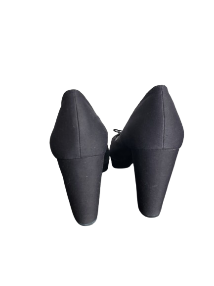 Pair of black high-heeled shoes on a white background