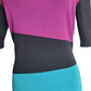 Color-blocked sweater with purple, black, and blue sections.