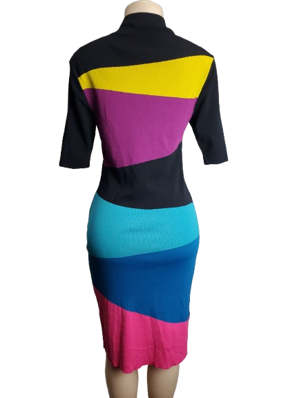 Colorful dress with black, yellow, purple, blue, and pink stripes on a mannequin against a white background.