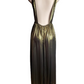 Gold evening gown on a mannequin against a white background
