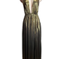 Gold metallic dress on a mannequin against a white background