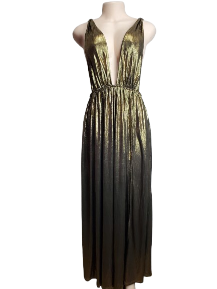 Gold metallic dress on a mannequin against a white background