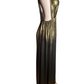 Gold metallic evening gown on a mannequin against a white background
