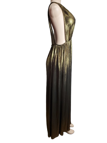 Gold metallic evening gown on a mannequin against a white background