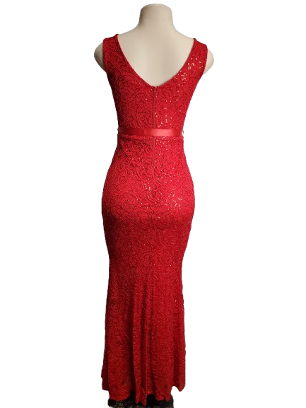 Red lace dress on a mannequin against a white background