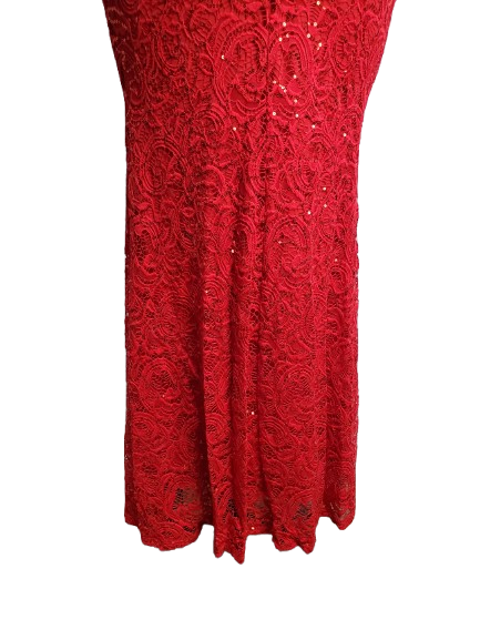 Red lace dress with intricate patterns on a white background