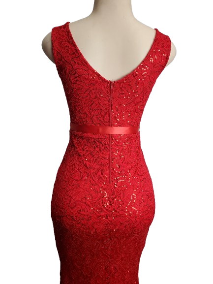 Red lace dress on a mannequin against a white background