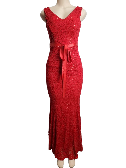 Red lace evening gown with a belt on a mannequin against a white background