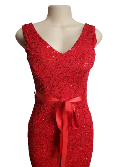 Red lace dress with a belt on a mannequin against a white background