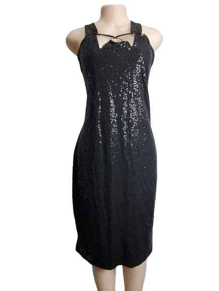 Black sequin party dress on a mannequin against a white background