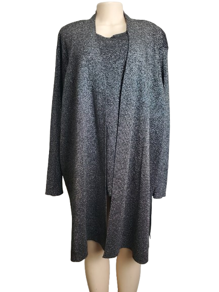 Long black and silver cardigan on a mannequin against a white backgroun