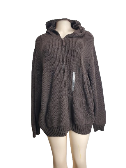 Brown knitted hoodie on a mannequin against a white background